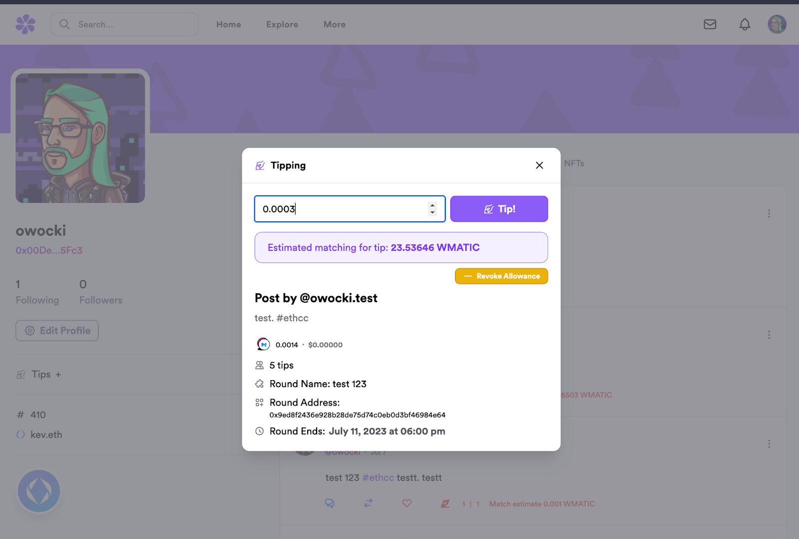 Sending a tip on QuadraticLenster